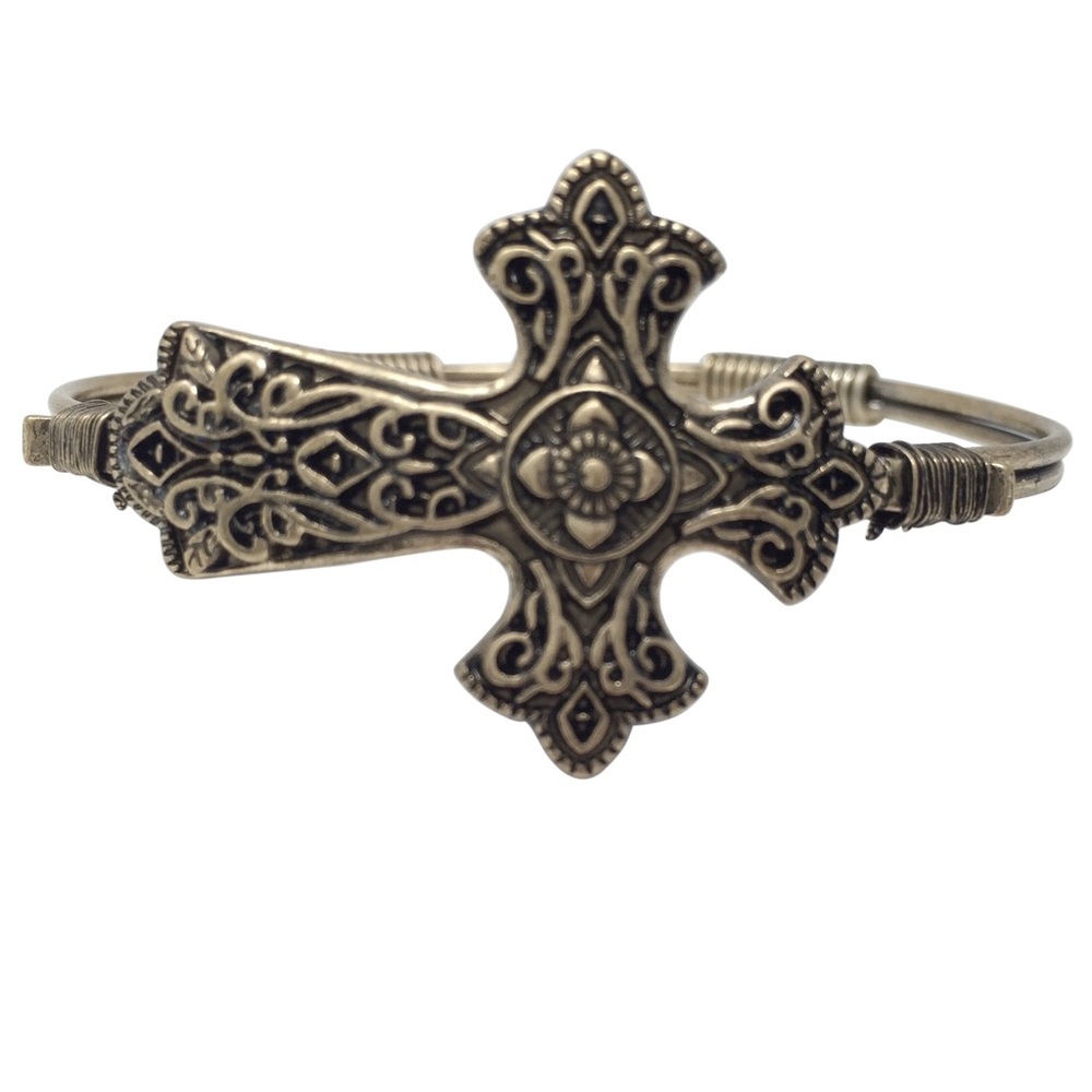 Ornate Swirl Gold Tone Sideways Cross Hook Bangle Bracelet